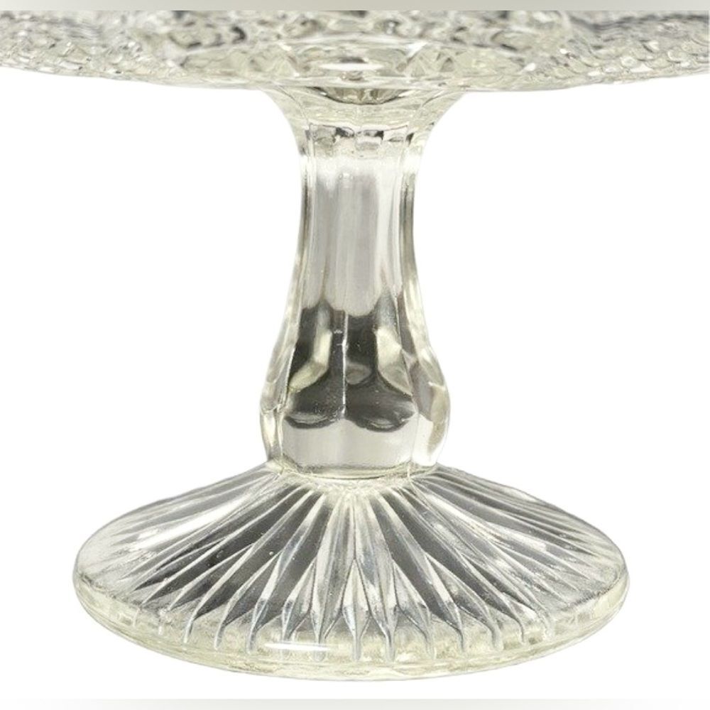 Vintage Pressed Glass Cake Stand w/Ornate Geometric Design & Pedestal - Picture 14 of 15